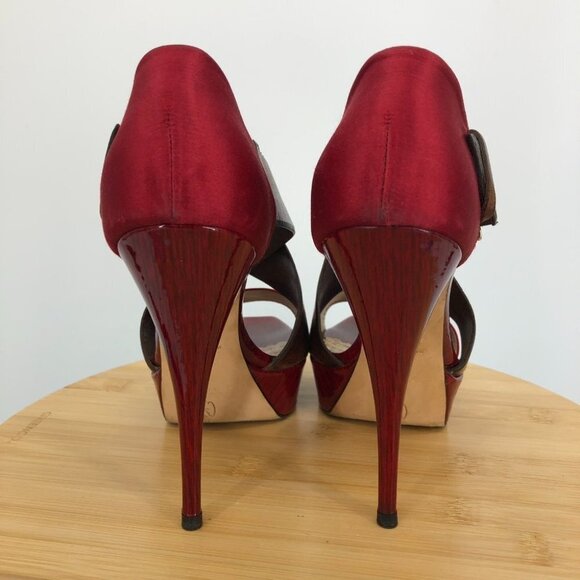 Oscar De La Renta Red Satin  Brown patent leather buckle Platform Stilettos 37 - Picture 5 of 14